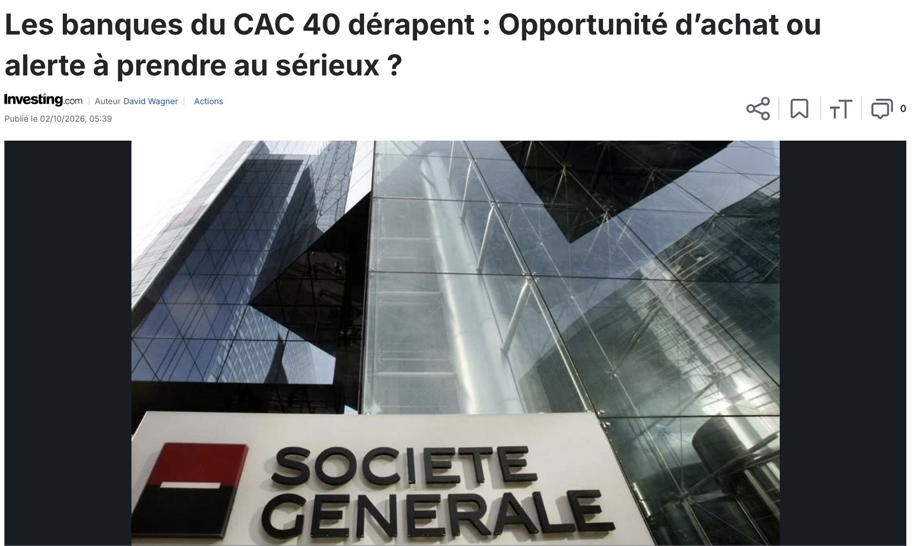 Capture de l'article Investing.com : chute des banques du CAC 40 et OAT à 4,94 %
